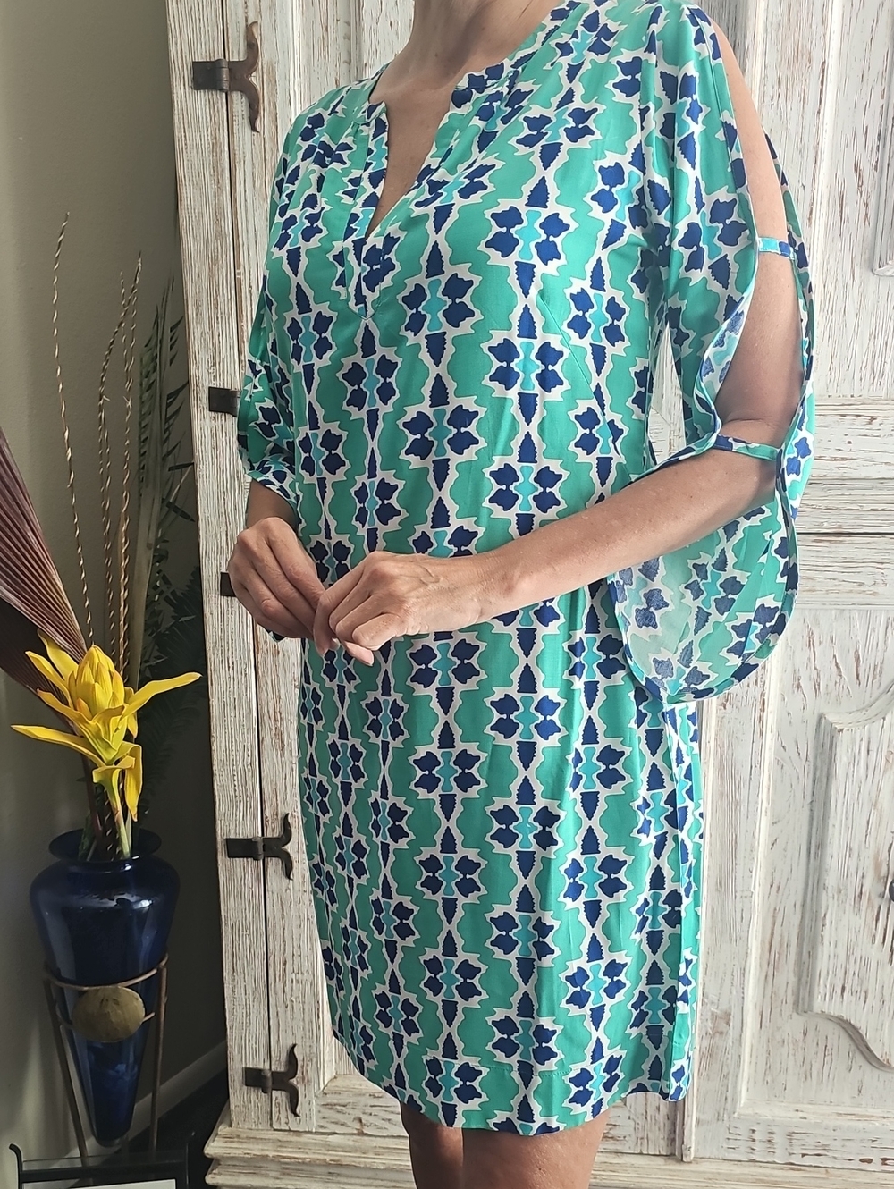NWT - Escapada Living Geo Print Tunic Dress in Mint + Navy - Size XS